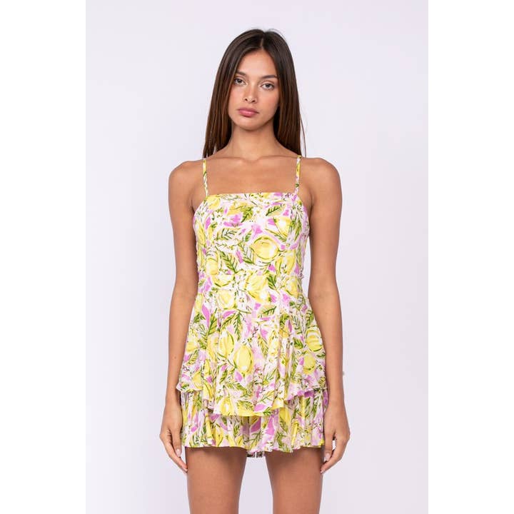 LEMON PRINT SLEEVELEE OPEN BACK WITH TIE ROMPER for wholesale by Sky to Moon