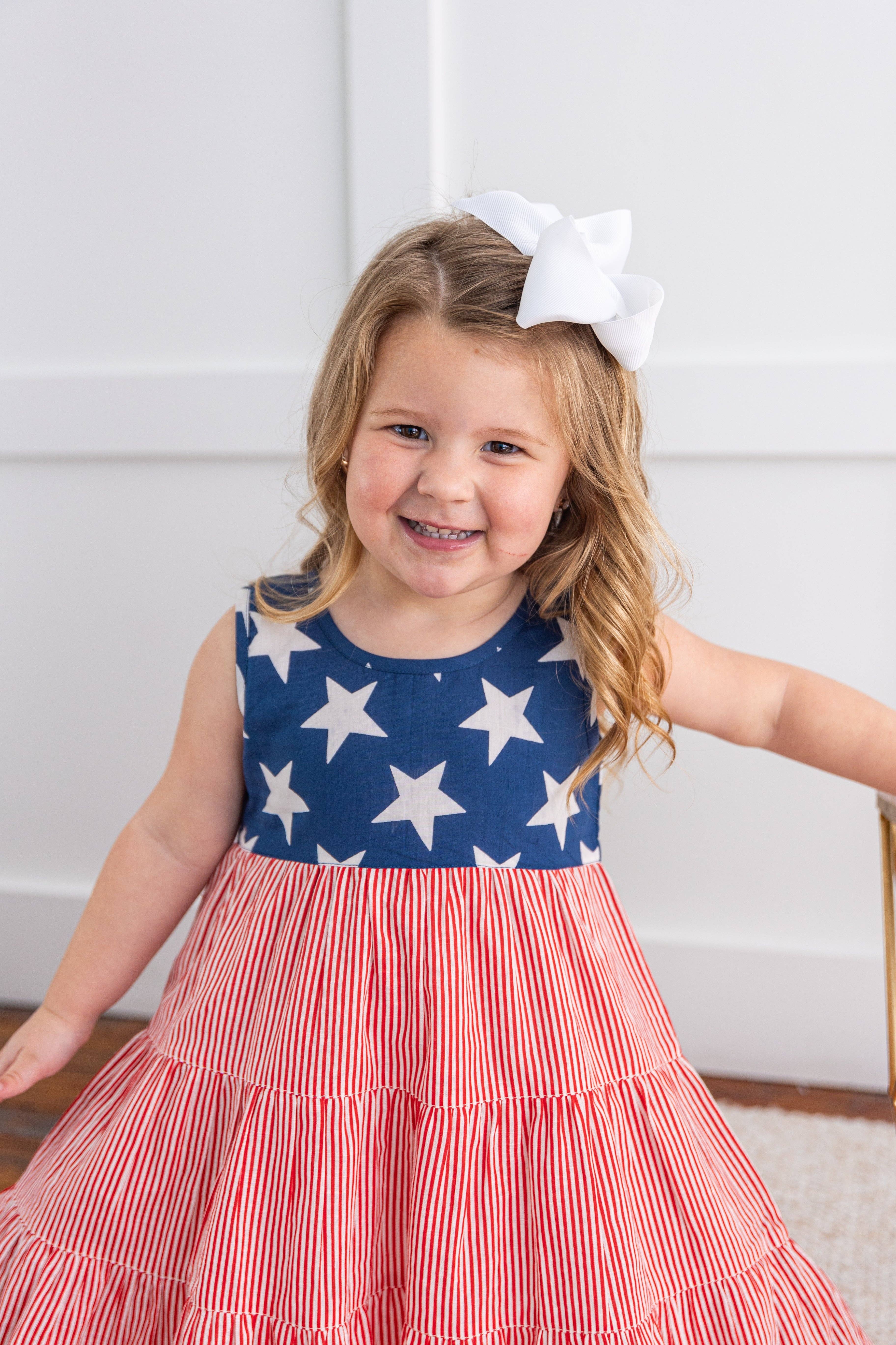 Yo Baby - Wholesale Dress - Kids - Stars & Red Striped Printed Tiered Gathered Dress3