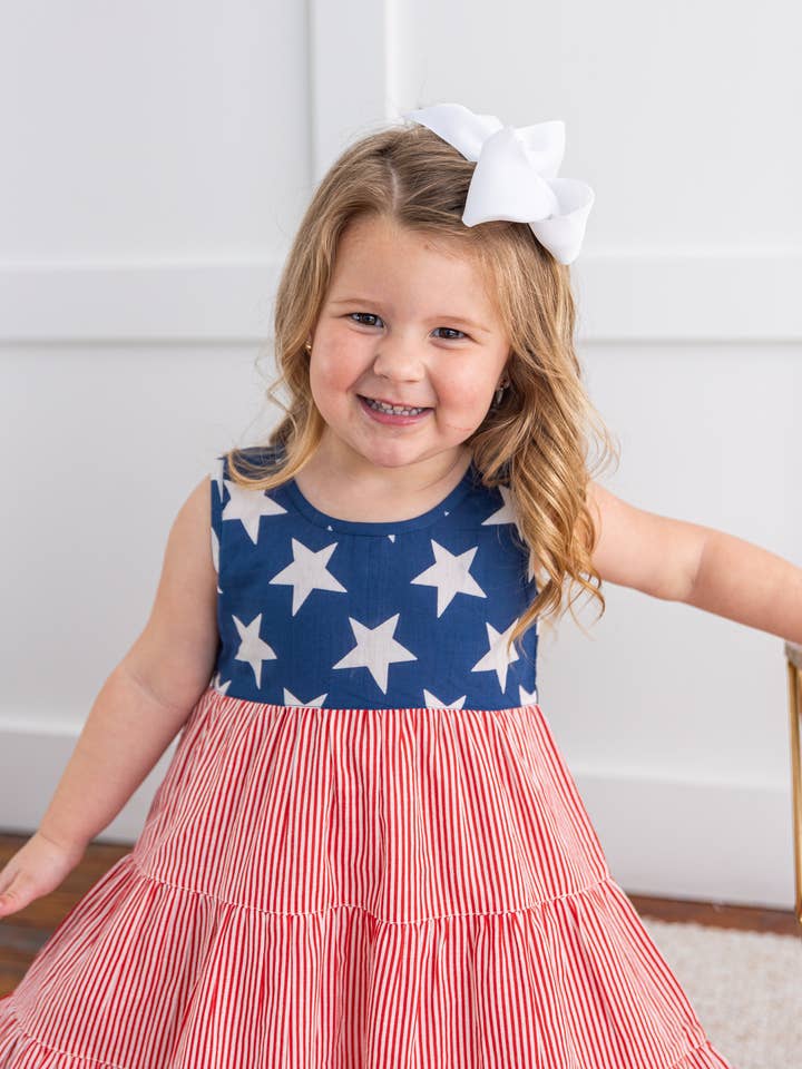 Yo Baby - Wholesale Dress - Kids - Stars & Red Striped Printed Tiered Gathered Dress3