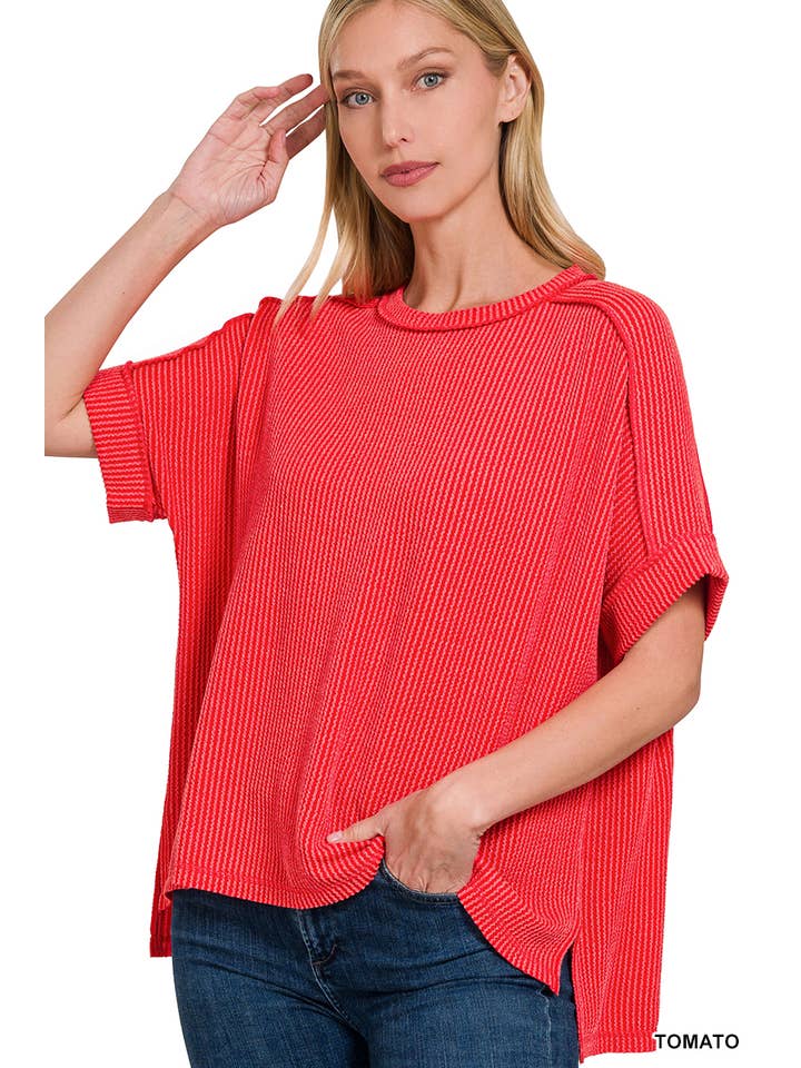 42POPS – wholesale Stickad topp - Dam – .Corded Rib Kortärmad Topp med Rå Kant5