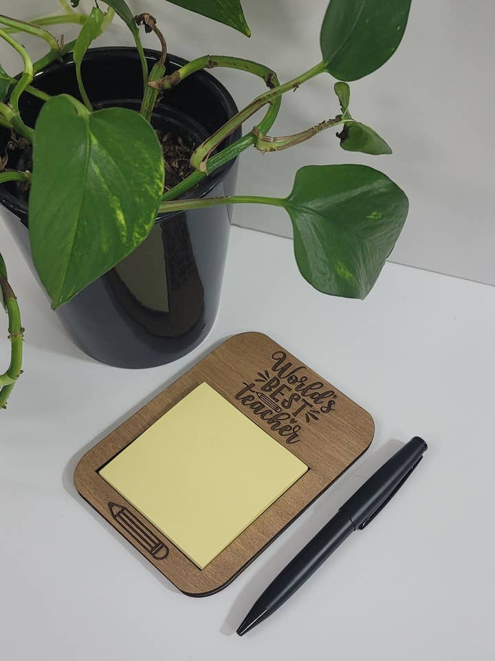 Wooden Sticky Note Holder - World's Best Teacher for wholesale by Knots and Note by Paper and Pen