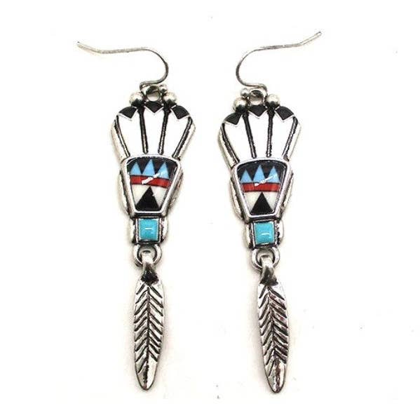 Snowing West - Vente Boucles d'oreilles pendantes - Boucles d’oreilles pendantes plumes, coiffe amérindienne de style western0