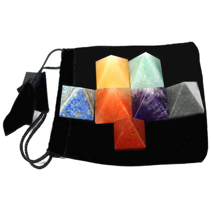 Crystal Engraved Pyramid Chakra Stone Set with Pouch for wholesale by Rock Paradise