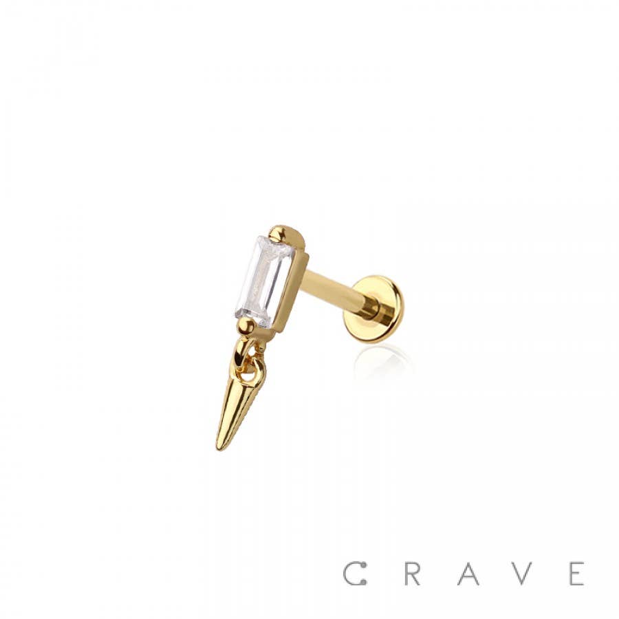 CRAVE - Wholesale Lip Ring - CONE SPIKE DANGLE CZ BAGUETTE TOP THREADLESS (PUSH IN) 316L0