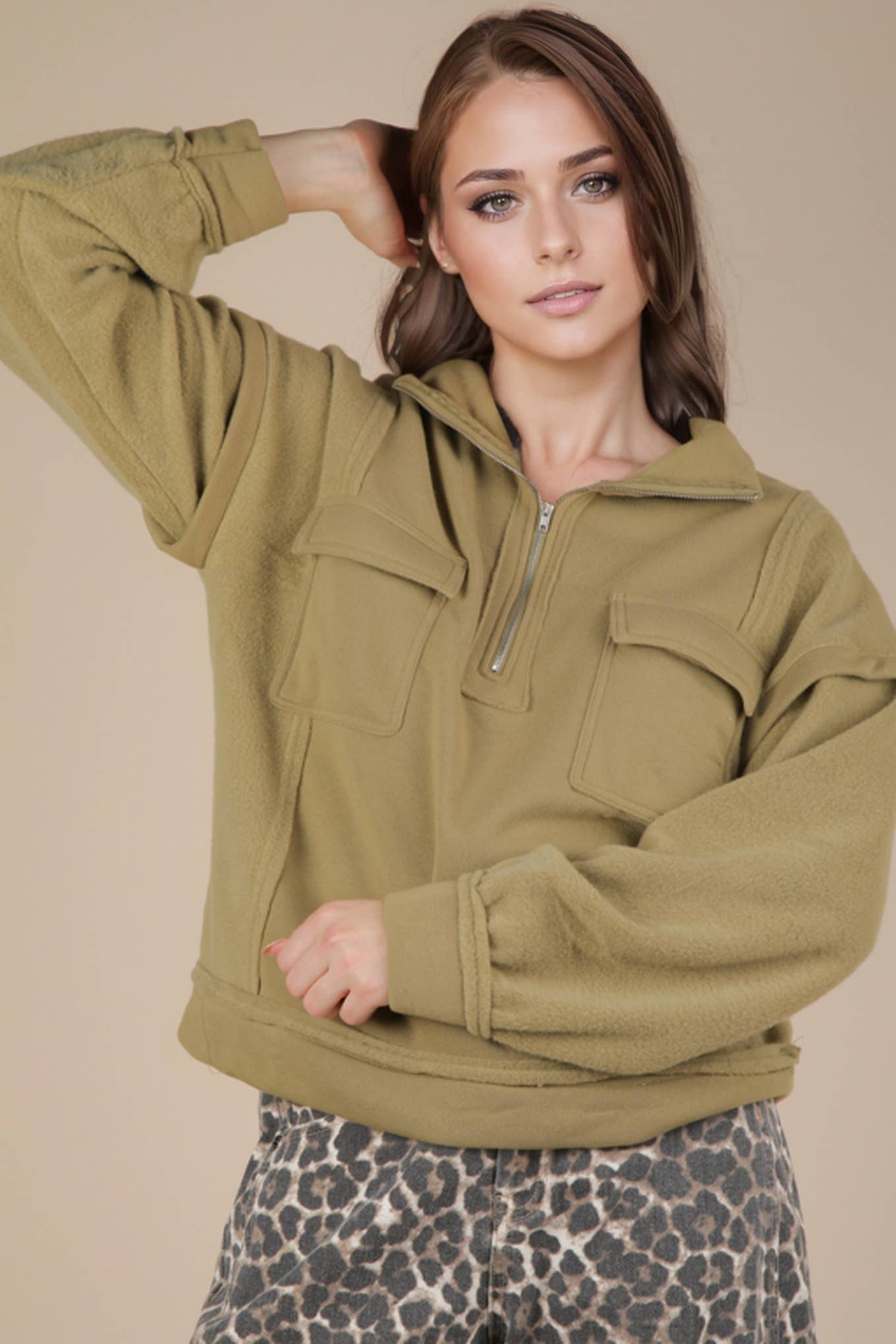 VERY J - Vente Sweat-shirt – femme - NT11793-Haut de sweat-shirt Henley en tissu contrasté à col montant5