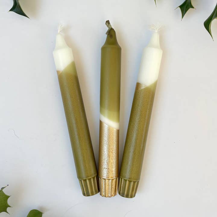 Luxe Olive Green & Gold Dip Dyed Dinner Candles for wholesale by The Singing Rabbit