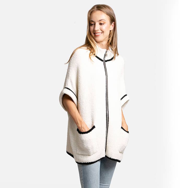 Fashion City - Wholesale Outerwear Poncho - Women's - Solid Zipper Jacket with Outlined Edges17