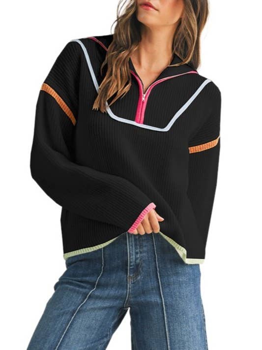 Vanilla Monkey - Wholesale Knit Sweater - Women's - Multi Color Binding Half Zip-up Sweater Top
