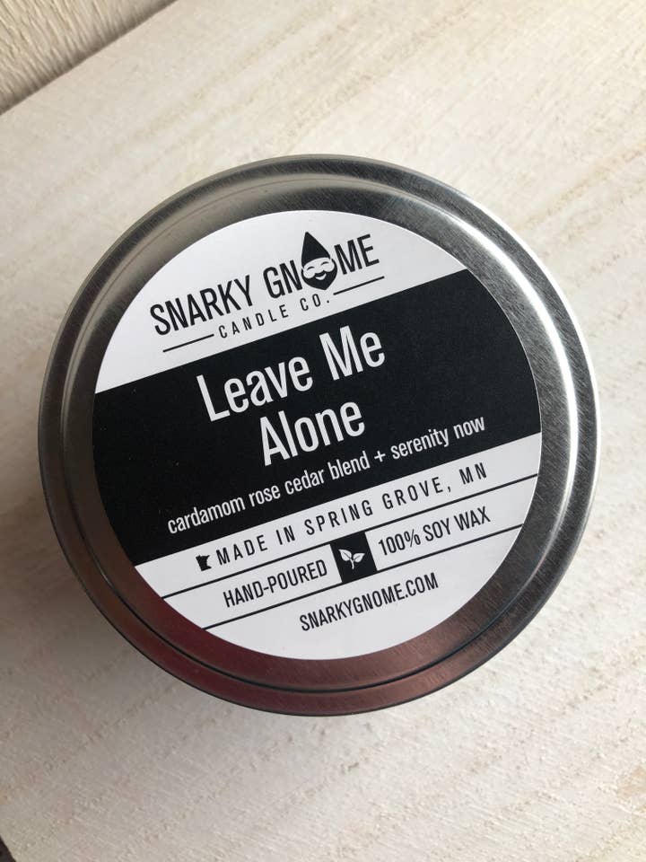 LEAVE ME ALONE Snarky 8 oz. Soy Candle Tin for wholesale by SNARKY GNOME