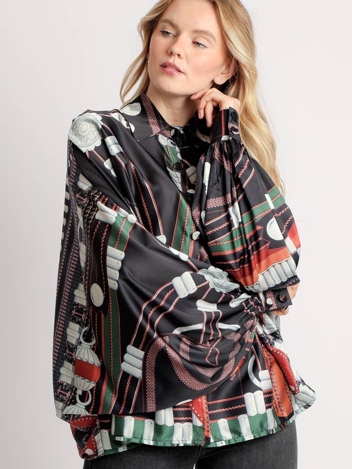 Modern Abstract Multi-Printed Satin Blouse QC2462 for wholesale by Beulah Style