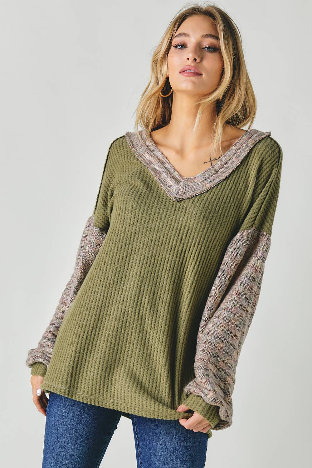 Davi & Dani - Vente Tunique – femme - PLUS LE BLOC DE COULEUR COL EN V HAUT À MANCHES LONGUES13