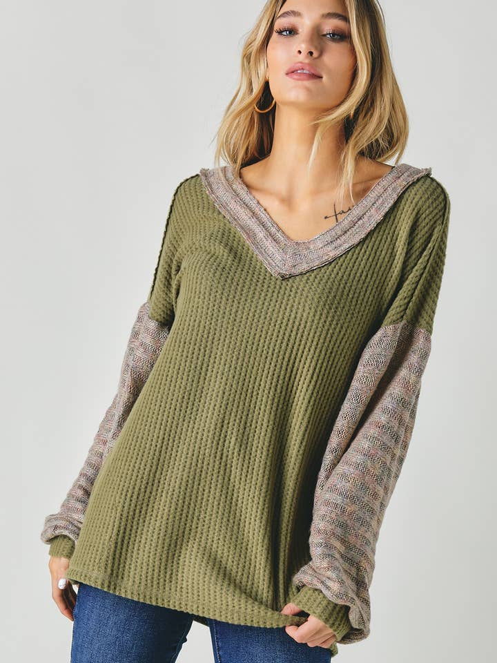 Davi & Dani - Wholesale Tunic - Women's - PLUS COLOR BLOCK V NECK LONG SLEEVE TOP13