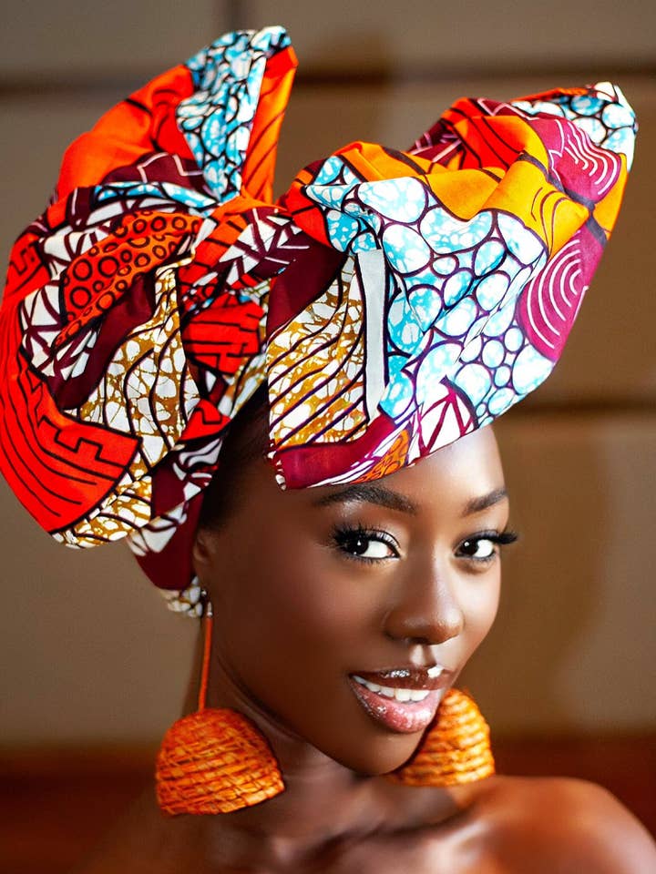 Cadeaubundel Afrikaanse hoofddeksel/hoofdband met rotanoorring met Ankara-print - Iris voor wholesale door CUMO London