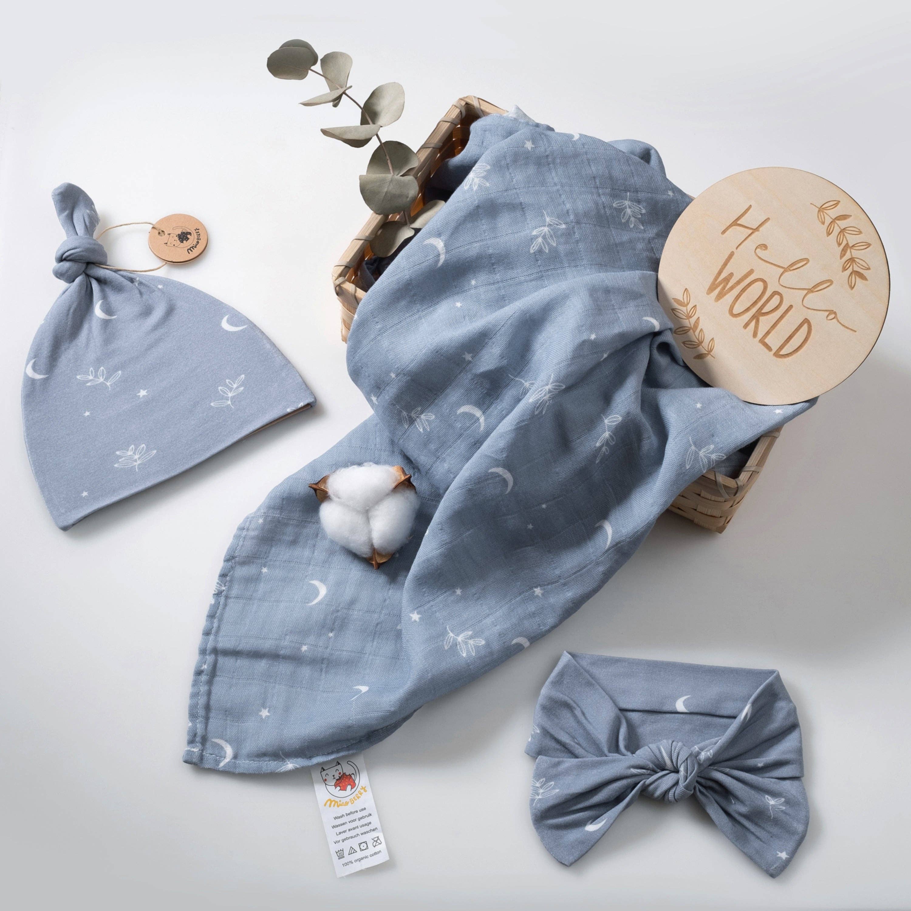 Miaoberry - Wholesale Swaddle Set - Baby - Organic Muslin Swaddle Set with Matching Beanie and Bow, Moon Blue7