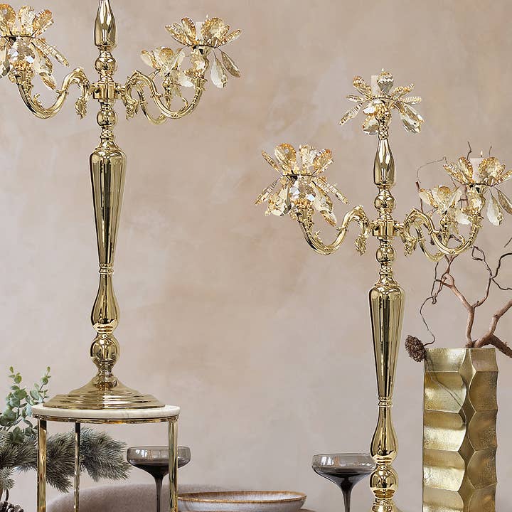 5 Arm Crystal Candelabra Metal Candle Holder, Silver for wholesale on Faire