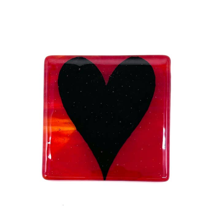Black Heart 4" Handmade Fused Glass Bar Coaster for wholesale by Kiku Handmade | Contemporary Fused Glass Home Goods