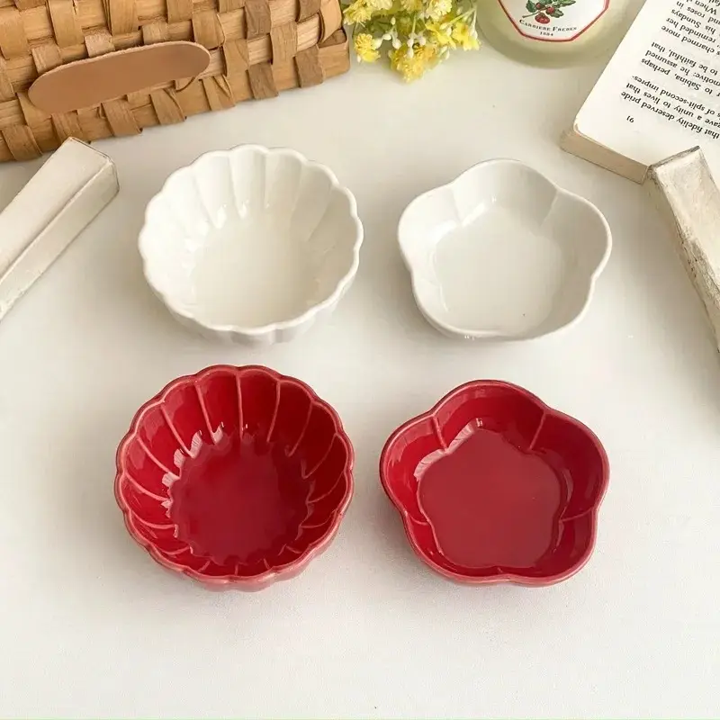 Otterware - Wholesale Condiment/Dip Bowl - Elegant Petal Ceramic Dipping Dishes (Red & White)9