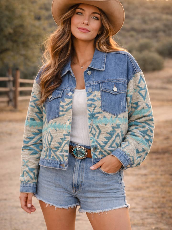 Ladies Denim with Aztec Fashion Jacket| DA-245 for wholesale by MontanaCo