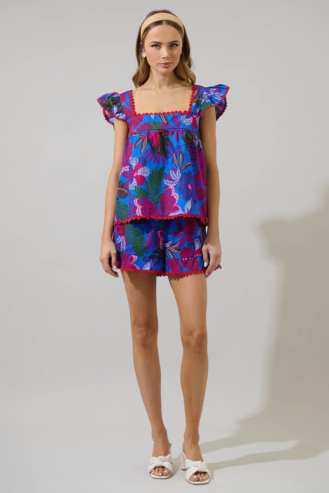 BLUE PINK COMBO Mela Tropics Evel Ruffle Shorts for wholesale on Faire3