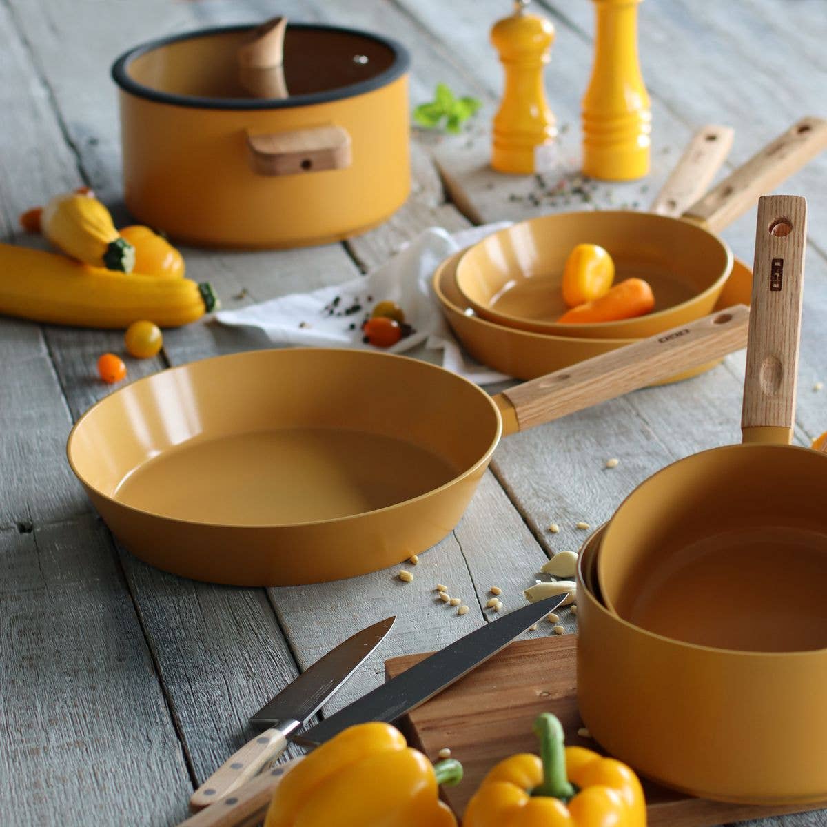 Ogo living - Vendita all'ingrosso Padelle - Padella ector da 24 cm in alluminio giallo con manico in legno1