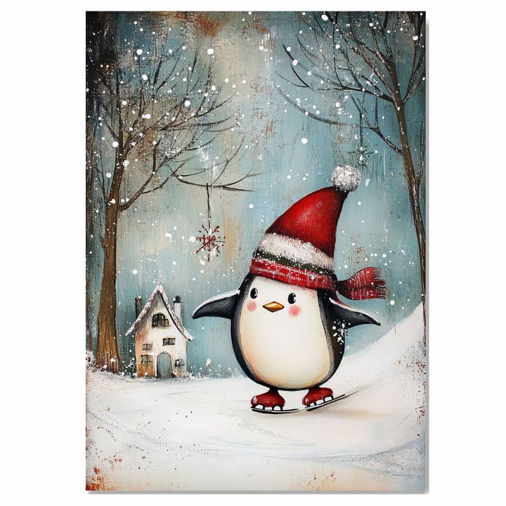 Penguin Skating by Winter Cottage Flat Rolled Canvas for wholesale by Art Paradise Studios