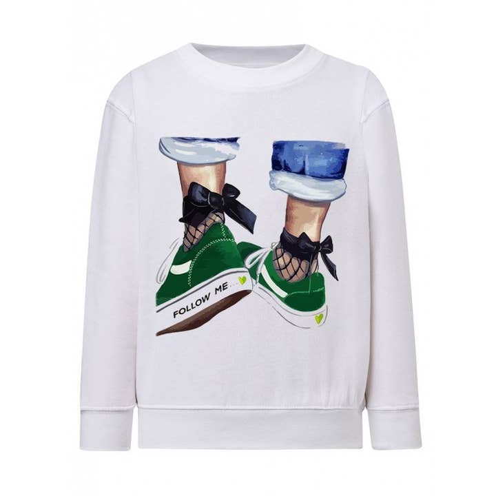 Felpa bianca in pile stampata FOLLOW ME VERDE per la vendita all'ingrosso da parte di red white