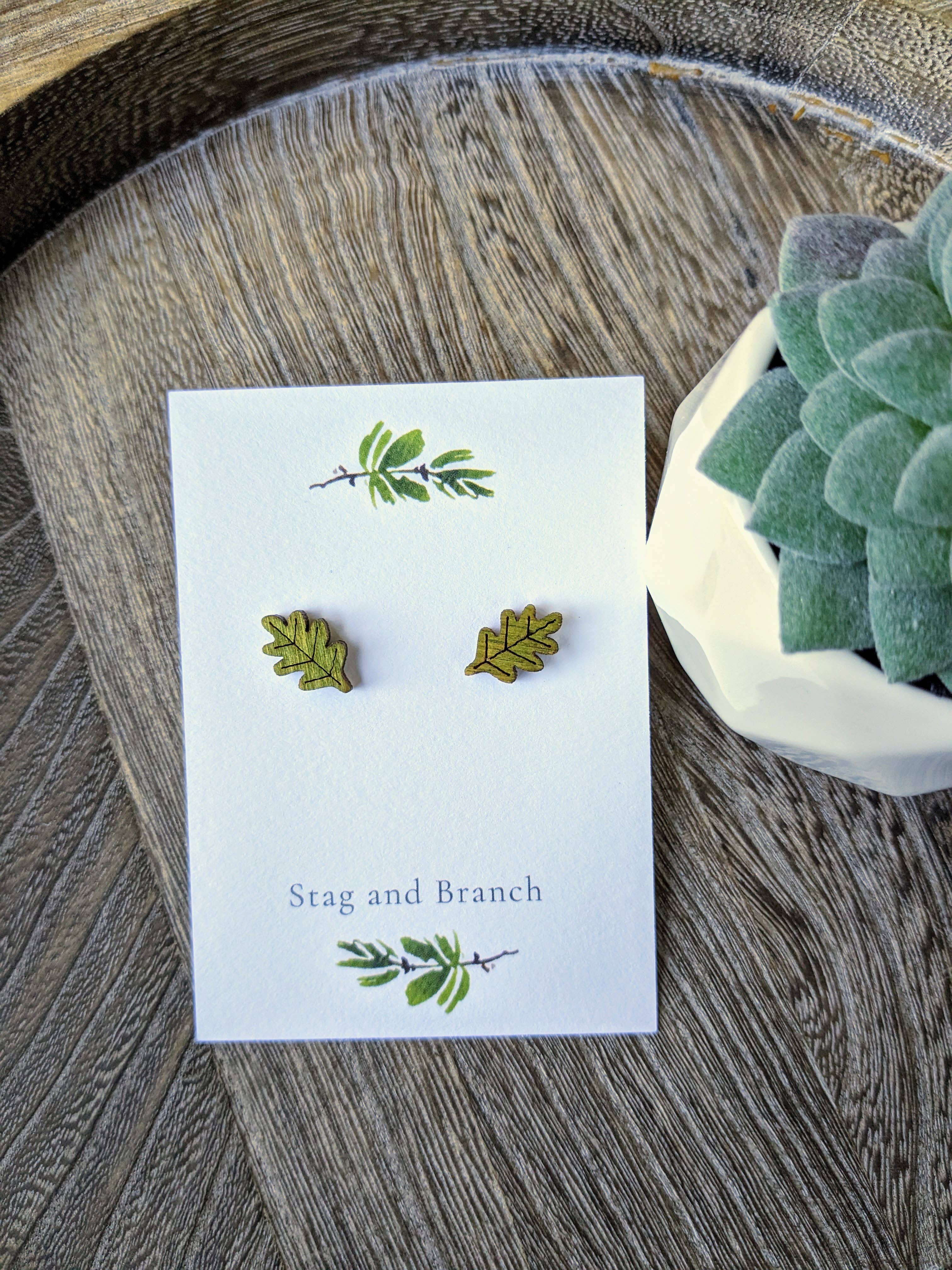 Stag and Branch - Vente Clous d'oreille - Boucles d'oreilles à tige en bois de chêne | Boucles d'oreilles en bois découpées au laser,0