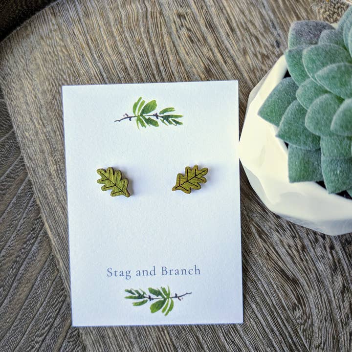 Stag and Branch - Wholesale Stud/Post Earrings - Oak Leaf Wood Stud Earrings | Laser Cut Wood Stud Earrings,