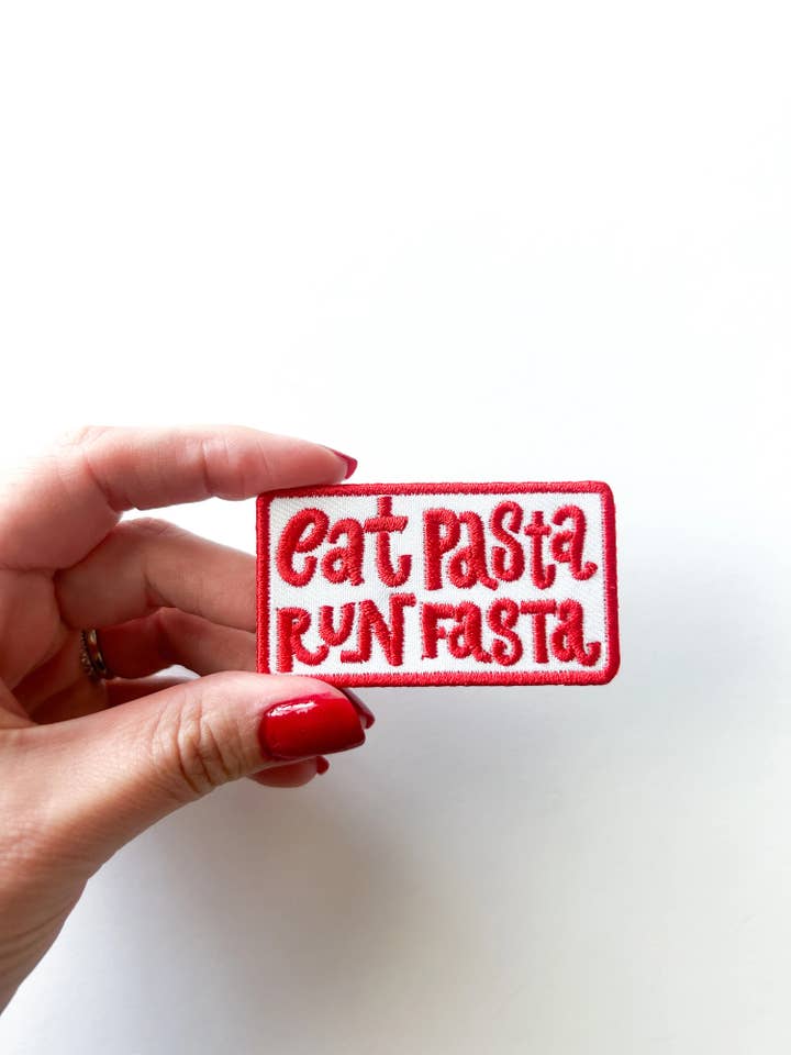 Eat Pasta Run Fasta Embroidered Iron-On Patch Pasta Lover for wholesale by Field Trip Threads