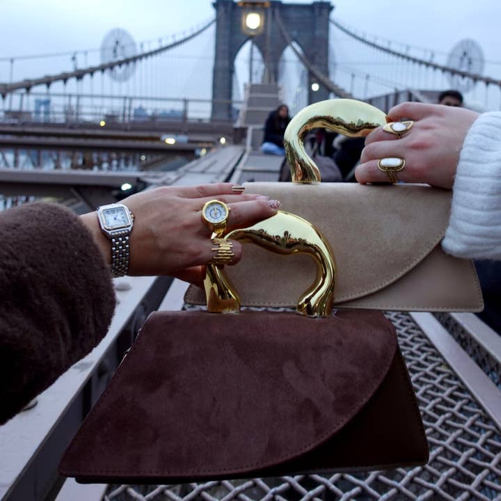 Handmade Suede & Leather Handbag with Gold Handle for wholesale by Collections By Vivi