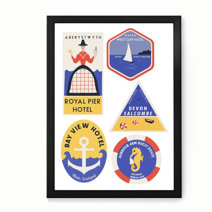 Mixed Retro British Coast Luggage Labels Print for wholesale by Little Egret Design