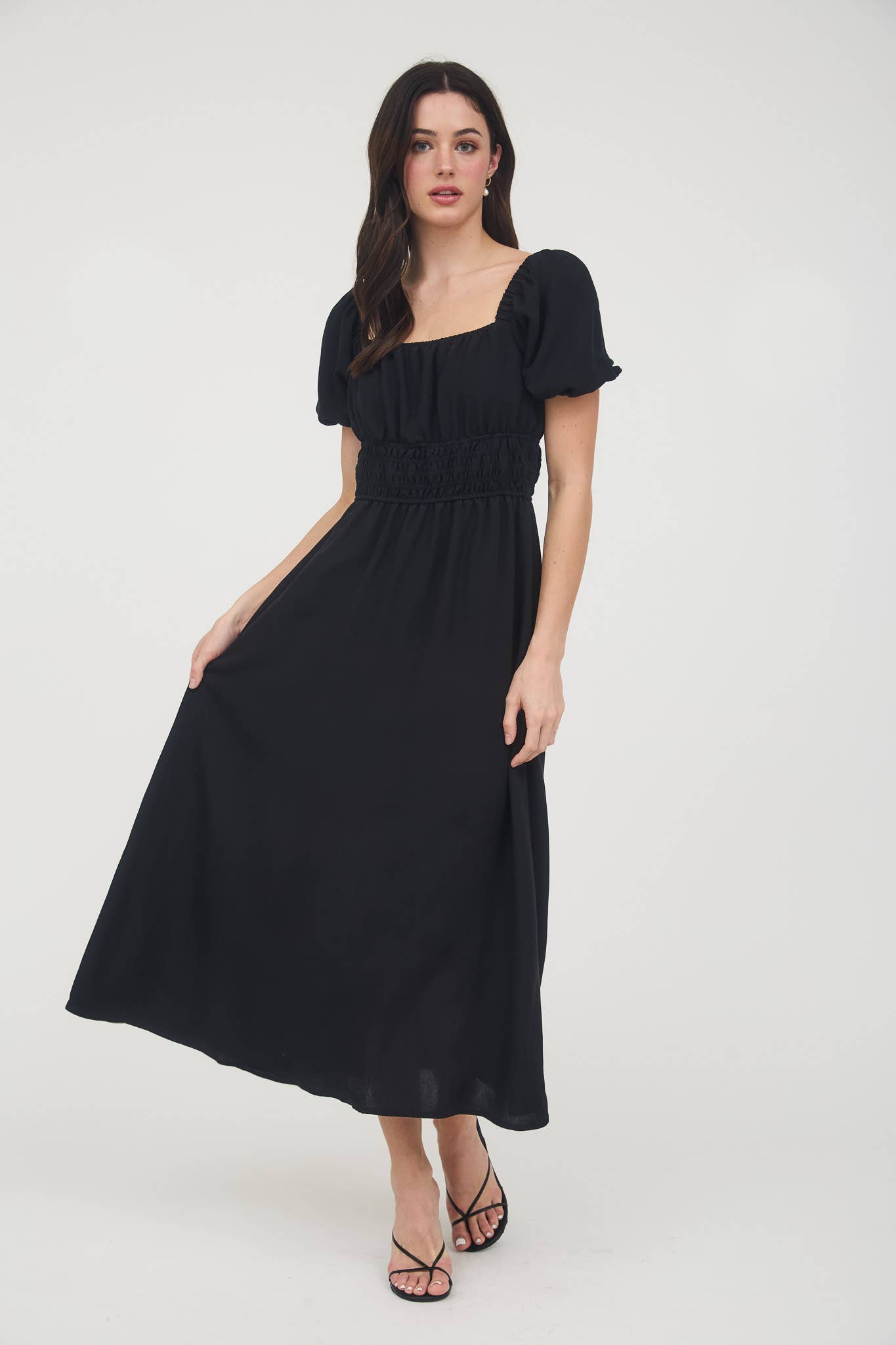 MINE – wholesale Dress – Women's – SOLID SMOCKED WAIST BALLOON SLEEVE MIDI DRESS13