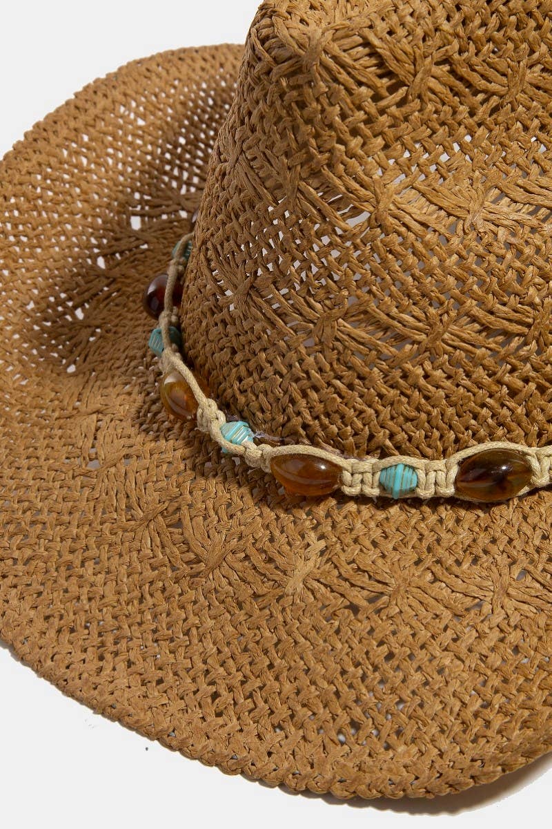 Collections by Fame Accessories - Wholesale Straw Hat - Women's - Mixed Beaded And Rope Western Fedora Straw Hat4