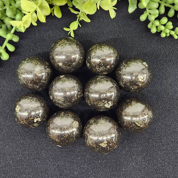 Meraki Gemstones - Wholesale Spiritual Stone/Crystal - Nuummite Spheres - 40mm (Approx. 1 Pound Bag)