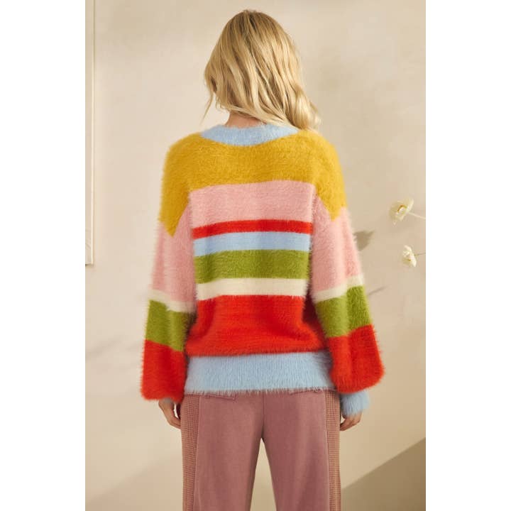 Multi FUZZY RAINBOW STRIPE PULLOVER SWEATER (ST7440) for wholesale on Faire2