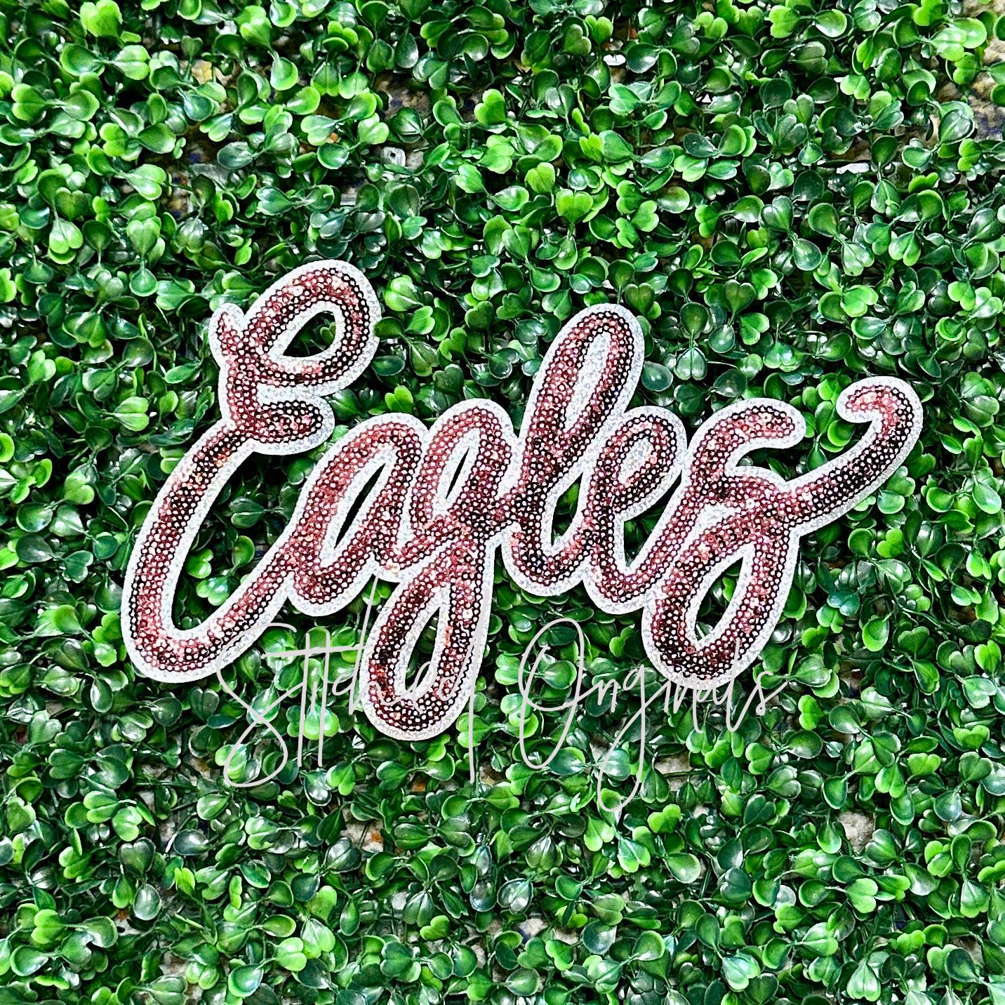 Stitched Originals - Wholesale Patch - Eagles Maroon Sequin Patch, SILVER Glitter Backing1