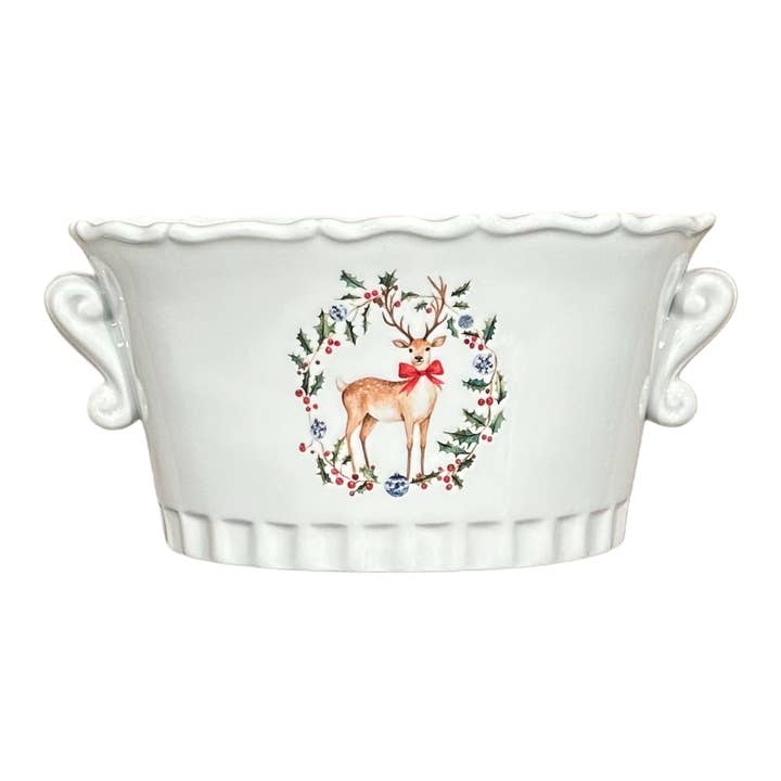 Cachepot ovale natalizio con cervi del bosco e agrifoglio per la vendita all'ingrosso da parte di The French Bee & Co