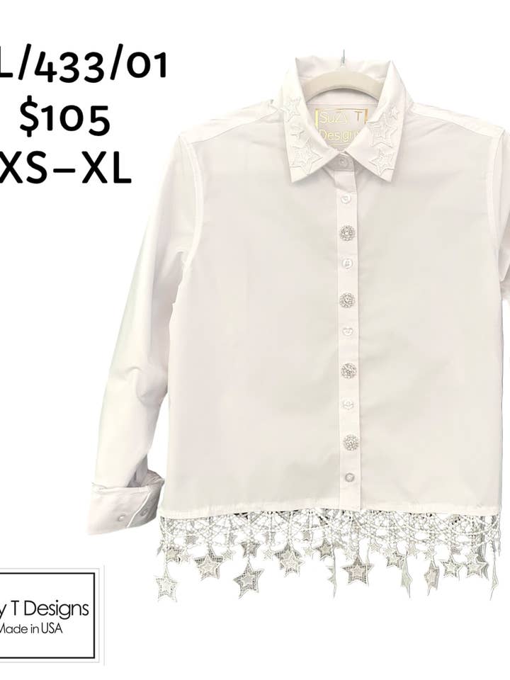Chemisier BLANC avec ÉTOILES BLANCHES et "Boutons" en Cristal pour la vente par Suzy T Designs