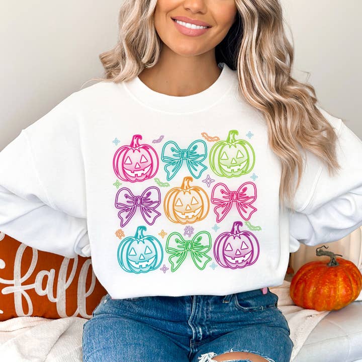 Preppy Neon Pumpkins Halloween Crewneck Sweatshirt for wholesale by DaisyChainDesignCo