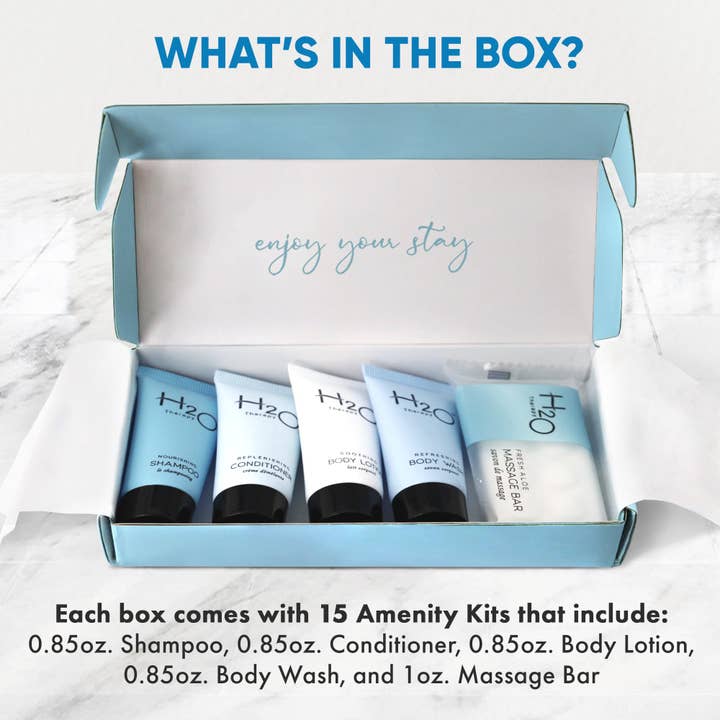 Diversified Hospitality Solutions - Wholesale Bath & body set - H2O Therapy Amenity Kit | Boxed Hotel Toiletries | Bulk Set .85 oz Travel Size Shampoo, Conditioner, Lotion, Body Wash & Body Bar Soap for Guest Hospitality AirBnB/Vacation Rentals | 15 sets per case2