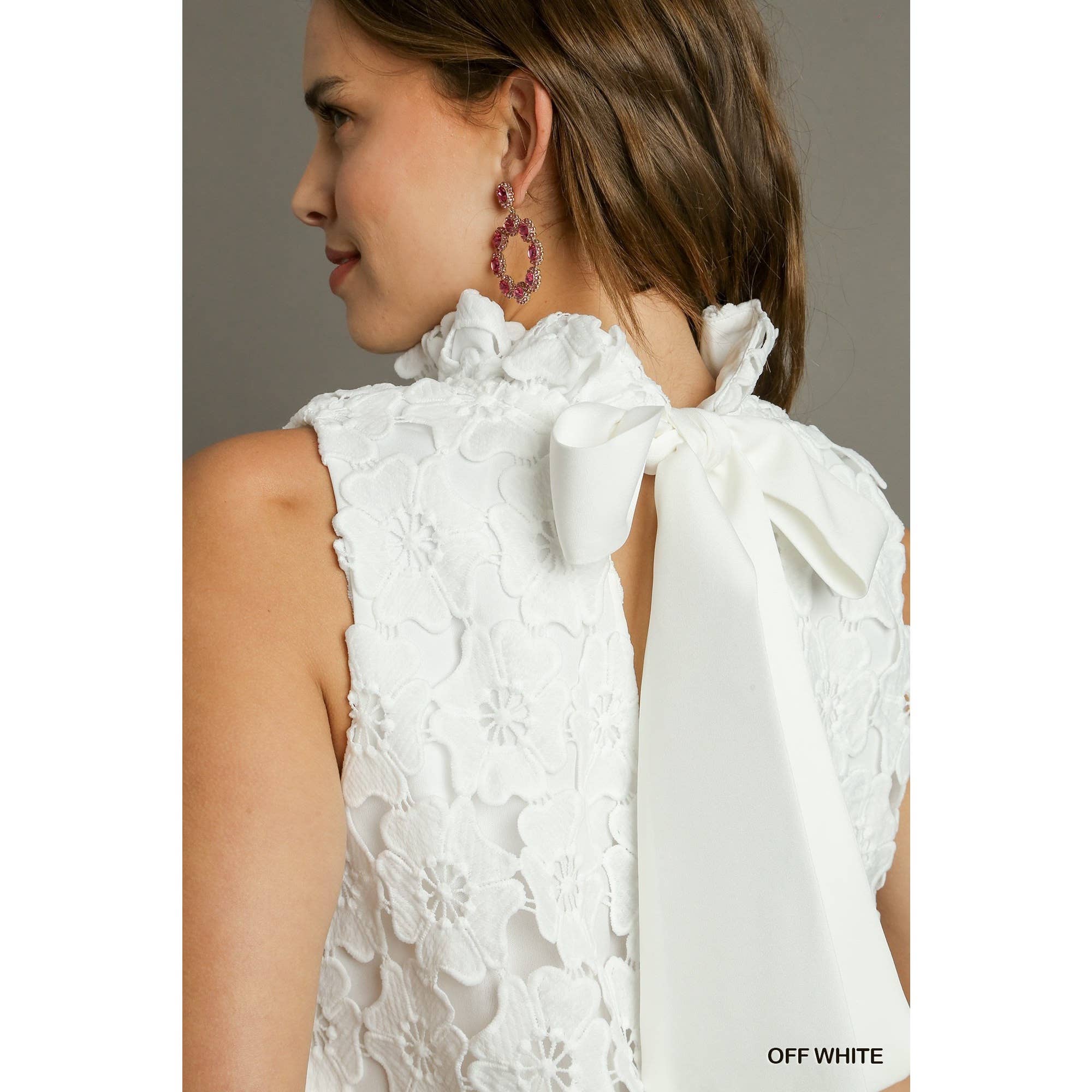 BNS - Wholesale Dress - Women's - Floral Lace High Neck Sleeveless Dress w_Bow Tie7