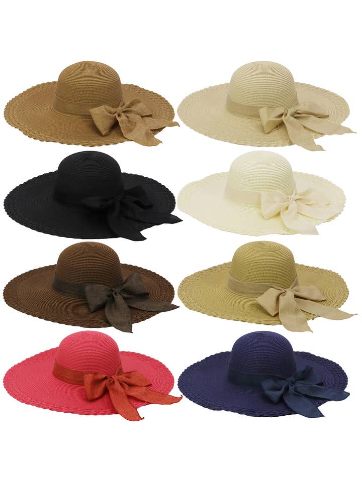 Scallop Hem Burlap Bow Floppy Straw Sun Hat for wholesale by Cap Zone