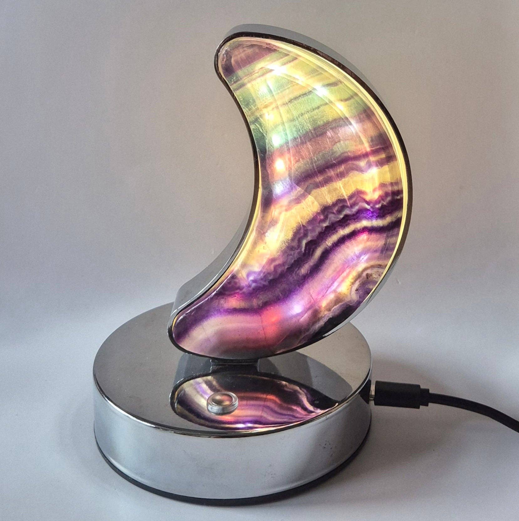 Moonlight Gemstones - Wholesale Accent/Desk Lamp - Candy Fluorite moon lamp on silver-colored base – with dimmable LED & USB connection2