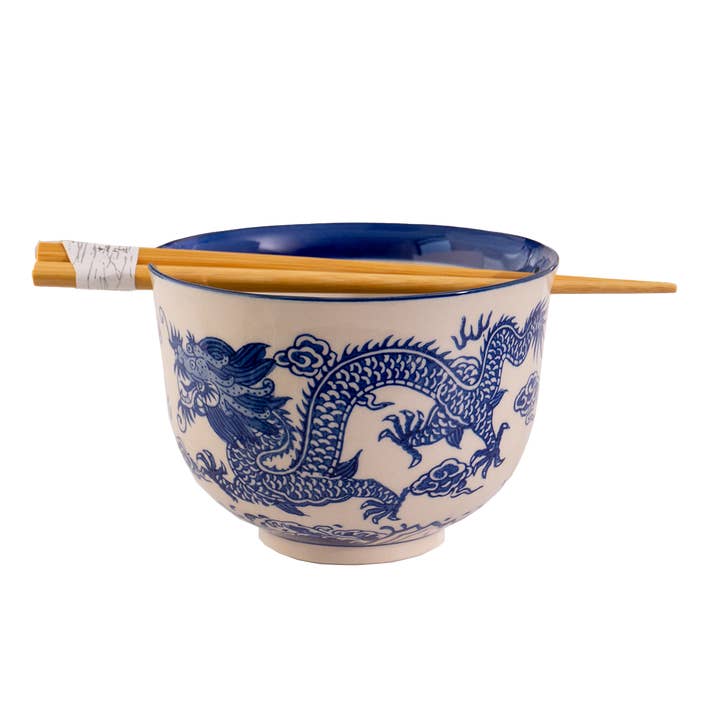 Urban Tokyo - Wholesale Serve Bowl - Blue Dragon Design 18oz 5.25"D Bowl With Chopsticks Set