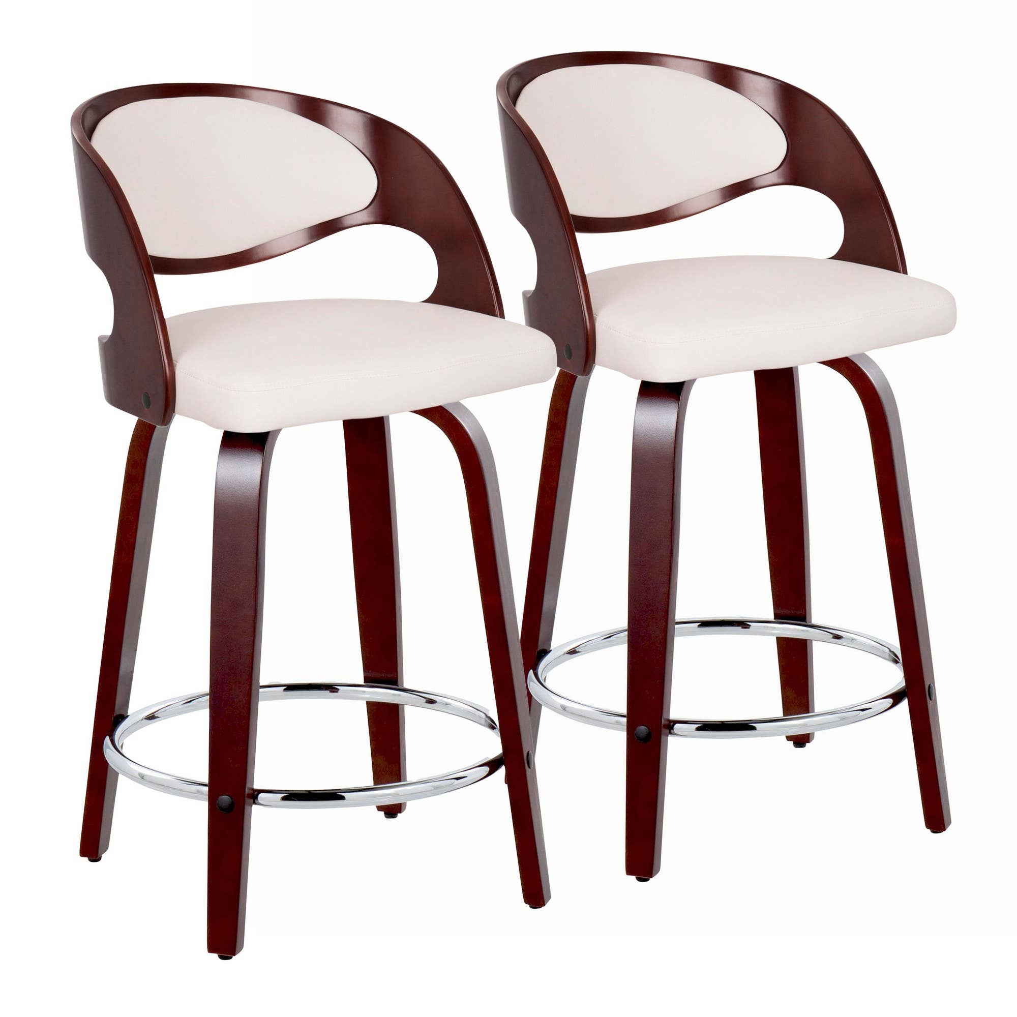Cherry Wood White PU Chrome Metal Pino 24" Fixed-Height Barstool - Set of 2 for wholesale on Faire0