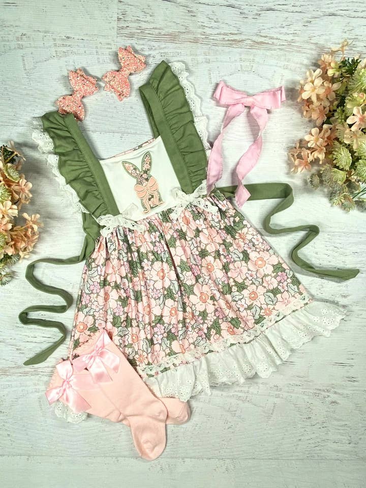 Peek-A-Boo Bunny Ruffled Apron Dress for wholesale by The Hair Bow Company