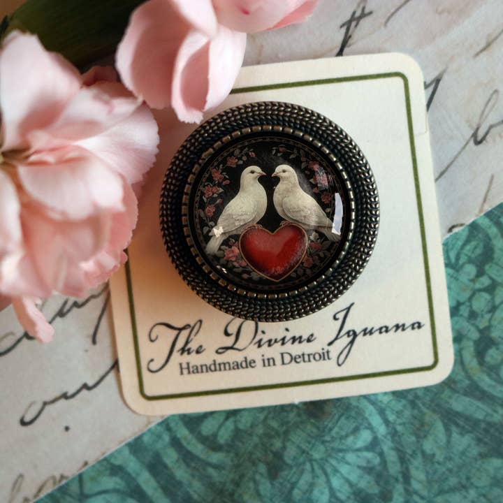 Love Bird Doves Bronze and Glass Valentine's Day Brooch for wholesale by The Divine Iguana