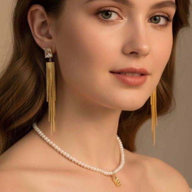 OE! - Wholesale Dangle Earrings - LUMINA - Long Earrings with Zircon and Golden Chains – Gold-Plated Brass1
