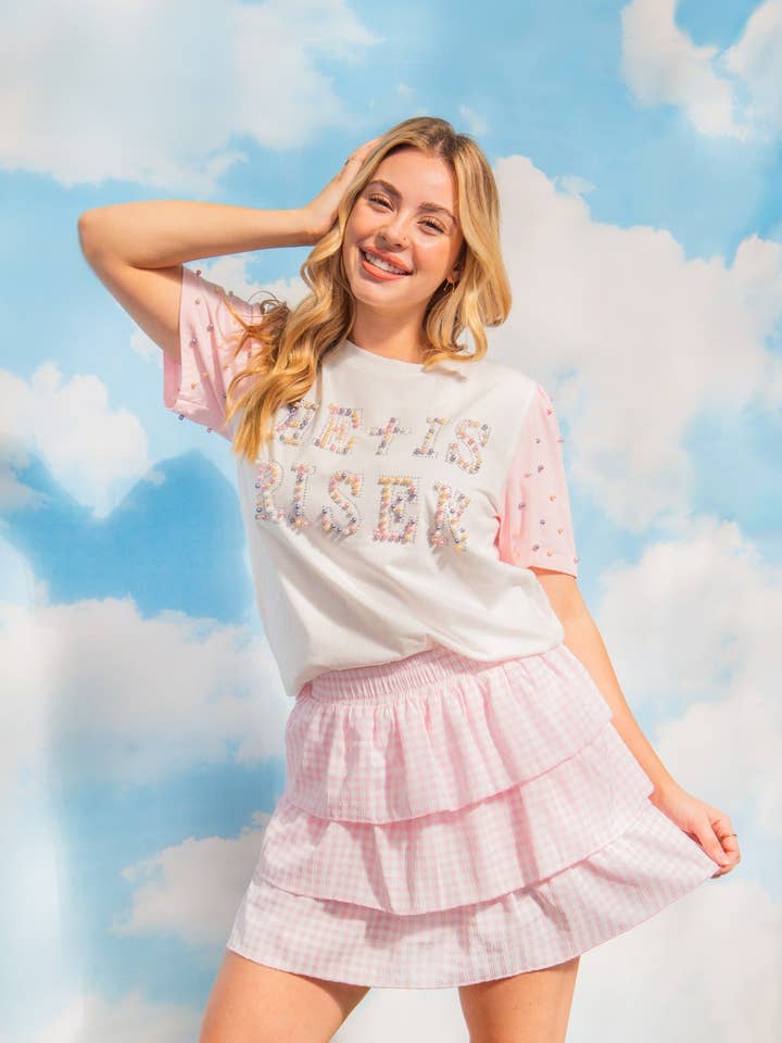 Pearl "He is Risen" on White Princess Top for wholesale by GRACE+EMMA by Southern Grace