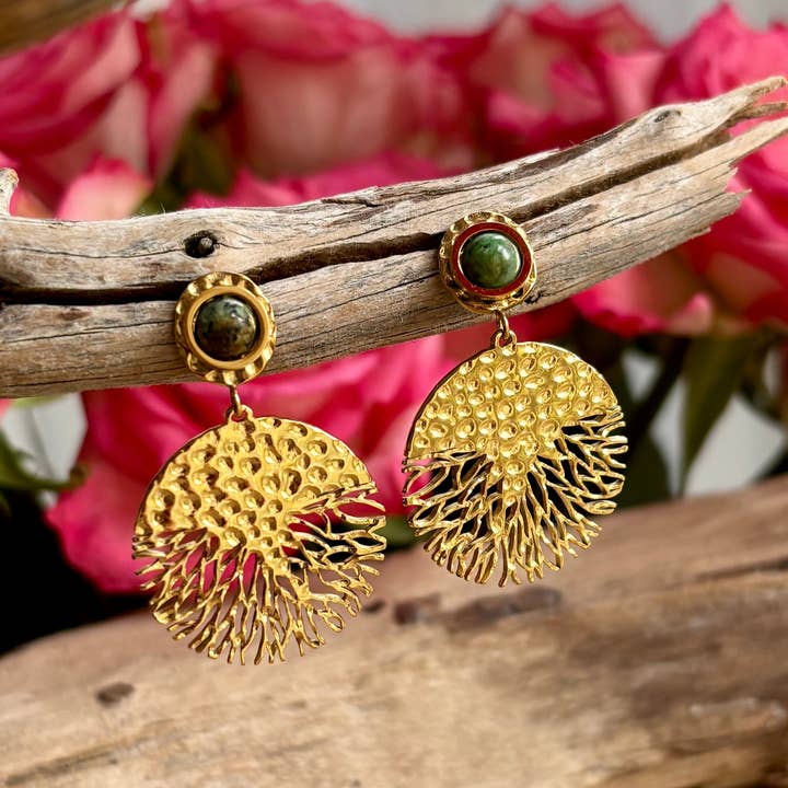 18ct Gold Plated African Turquoise Hammered Disc Earrings for wholesale by Ocean Ripples